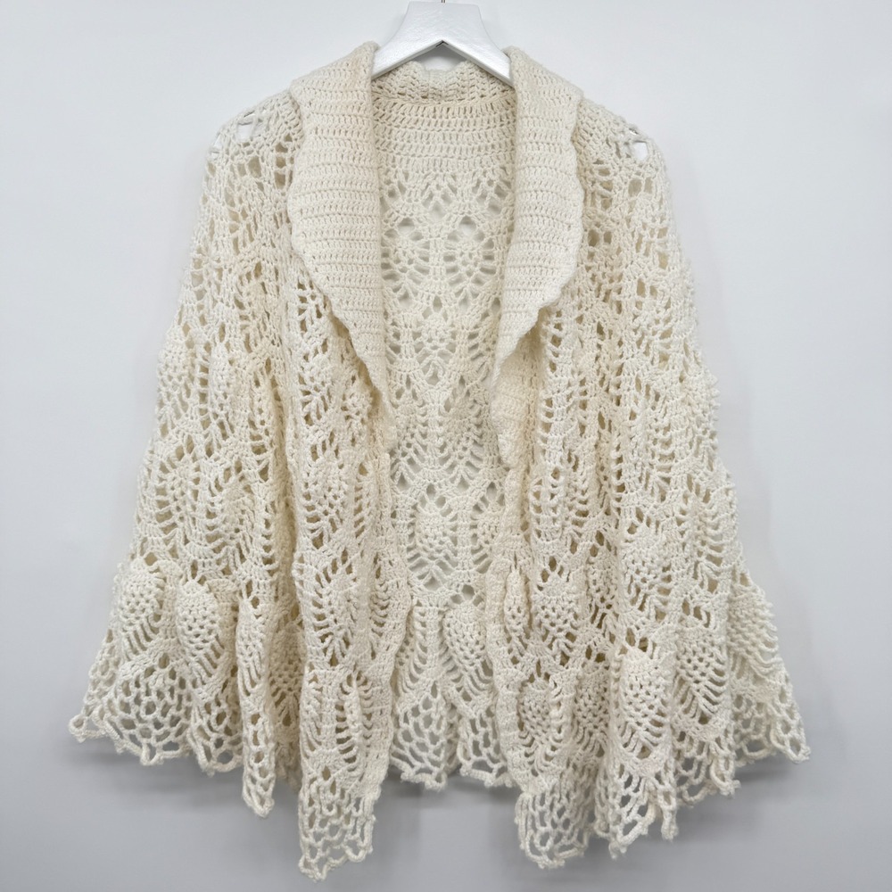 Vintage Handmade Crochet Poncho Cardigan One Size Coquette Fairy Ethereal Artsy - Picture 10 of 10
